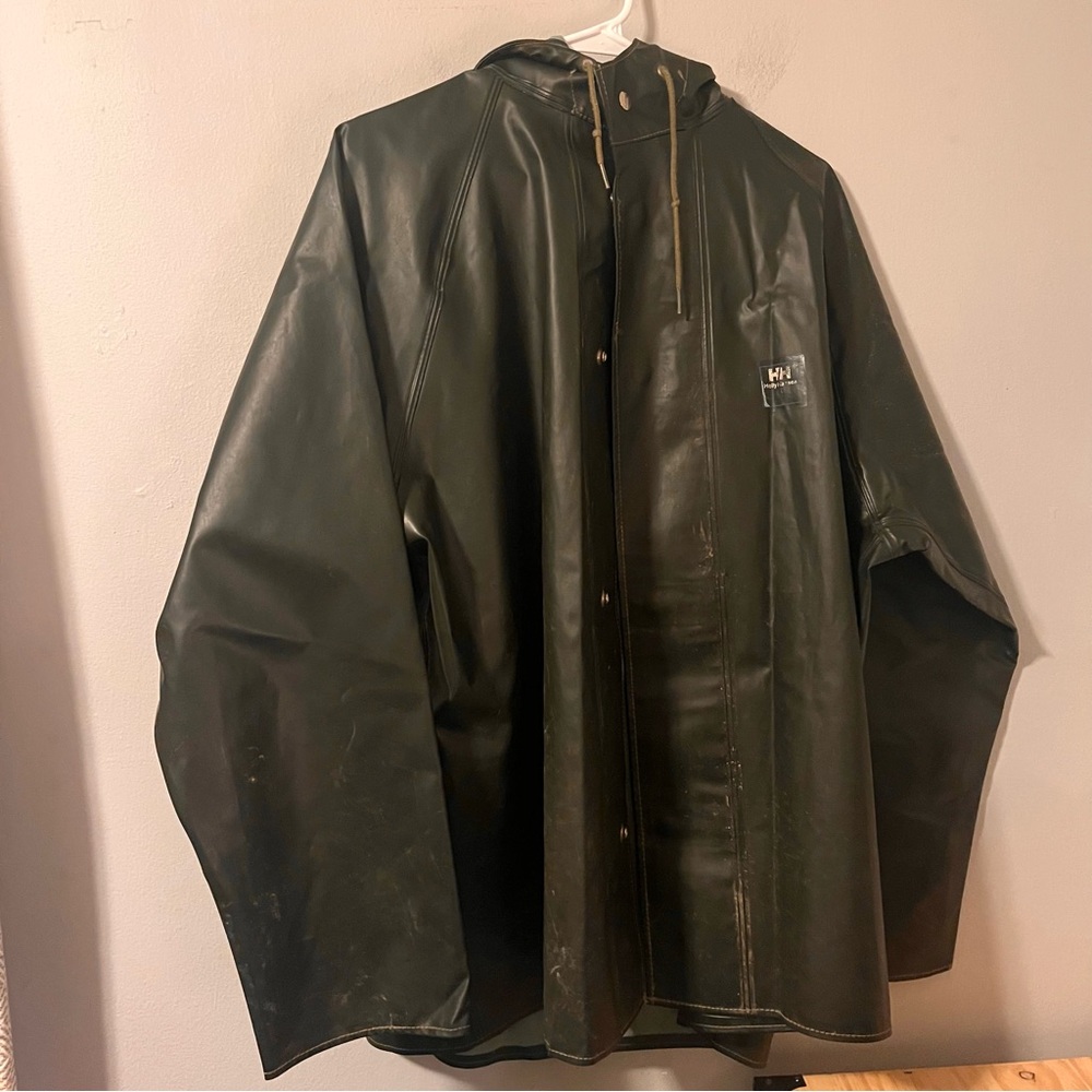 Helly Hansen Army Green Workwear Waterproof PVC Rain Coat Hooded Jacket XL